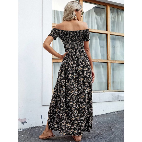 Off the Shoulder Floral High Slit maxi Dress black boho - Picture 2 of 11
